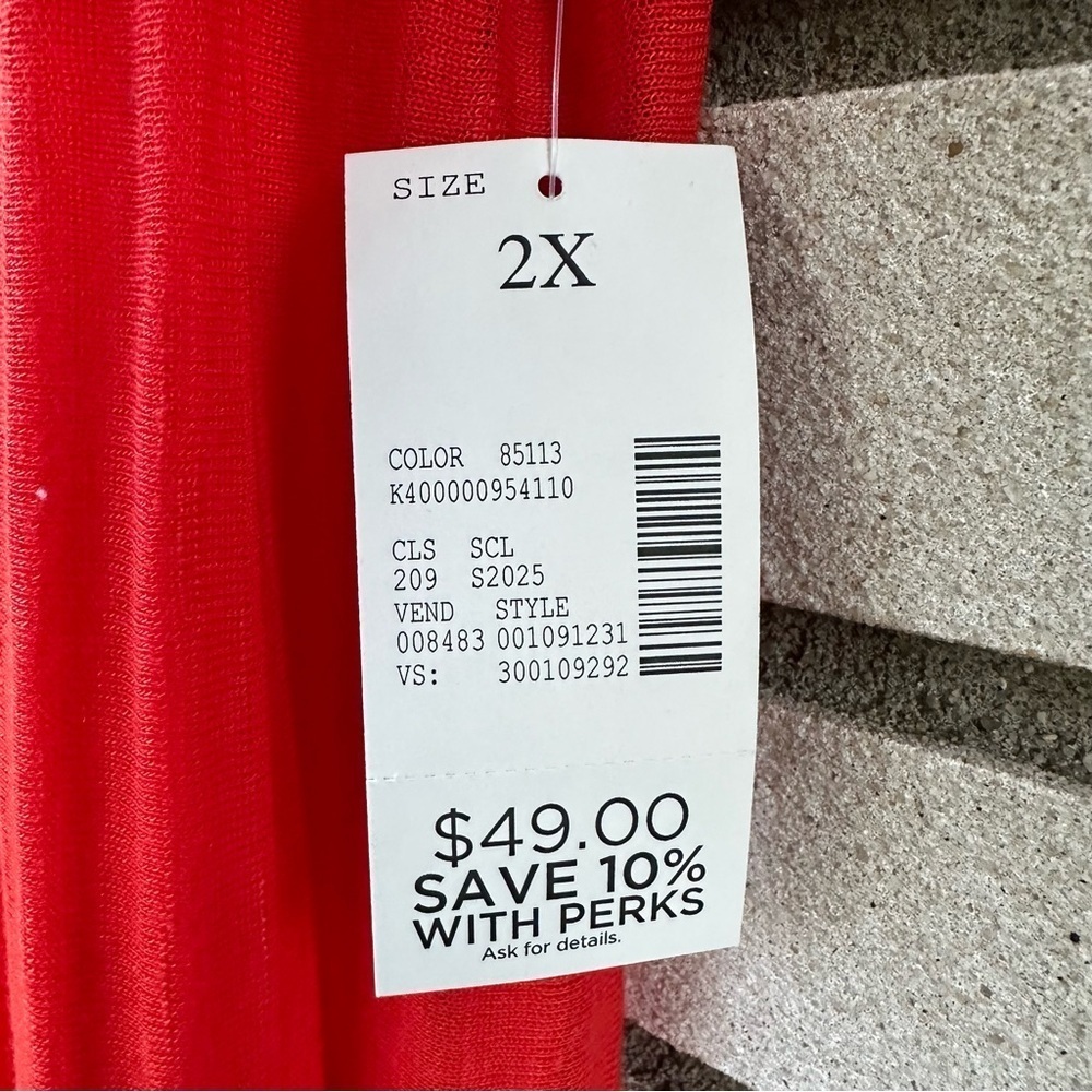 NWT Catherines Tomato Red Sheer Stripe Knit Long Open Cardigan Ruched Sleeve 2X - Picture 8 of 10